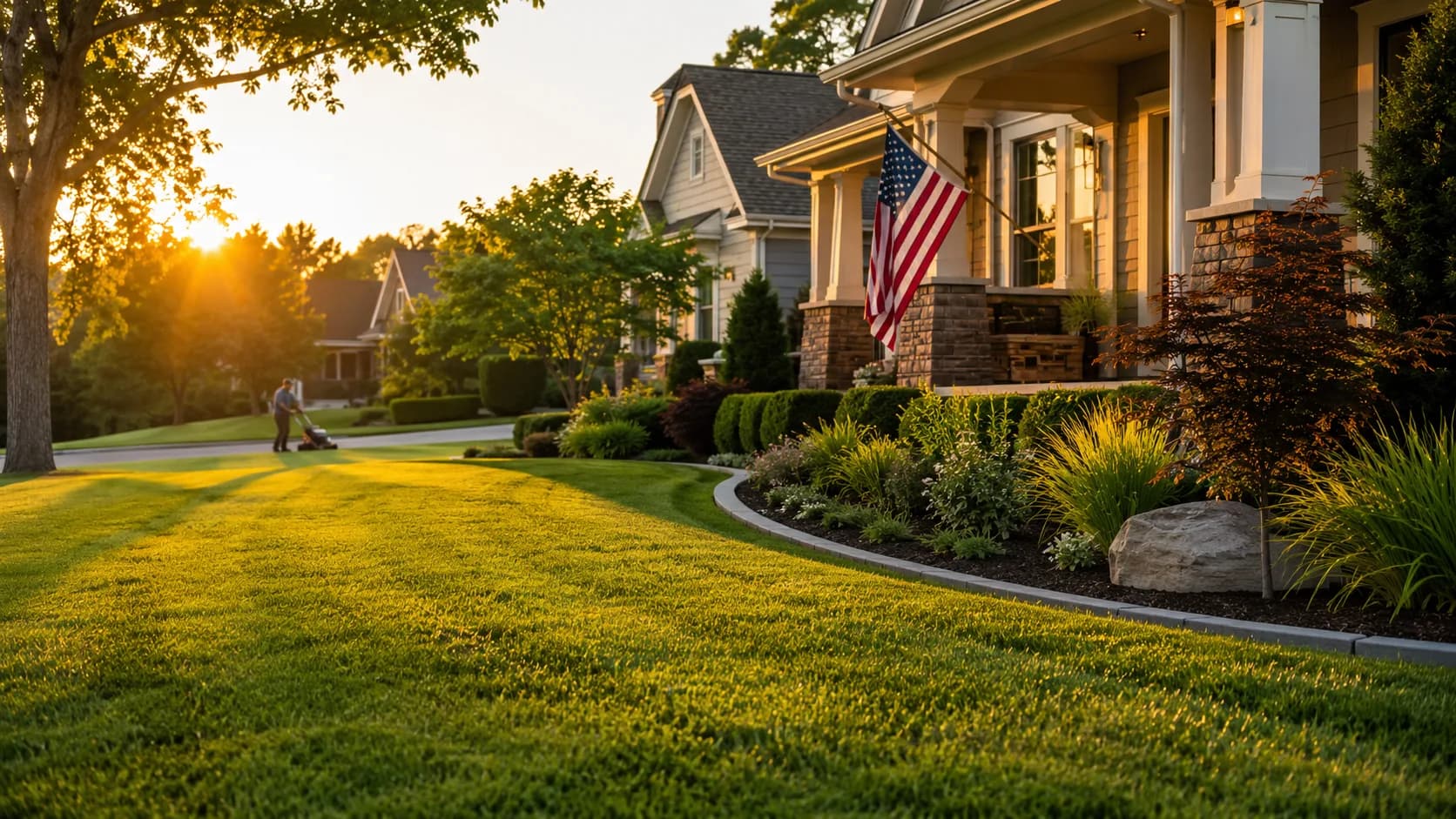 Freshly mowed front yard at golden hour with an American flag